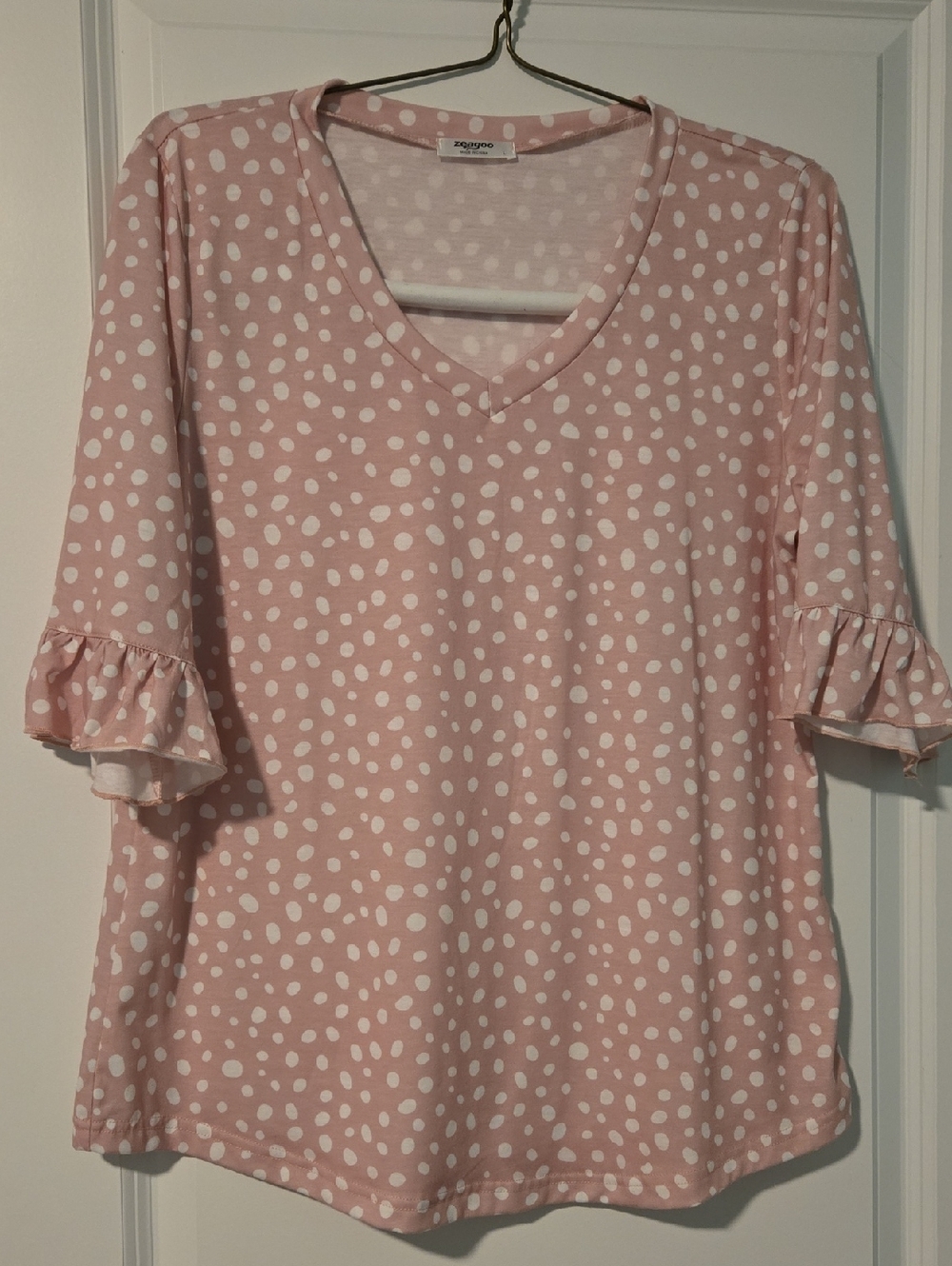 zeagoo Pink and White Polka Dot V-Neck Ruffle Sleeve Top
